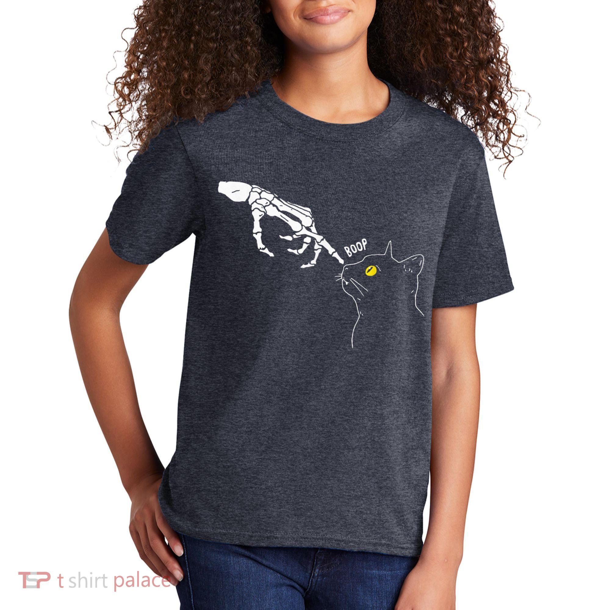Spooky Boop Skeleton Hand Touch Nose Cat Halloween Costume Kids T-Shirt