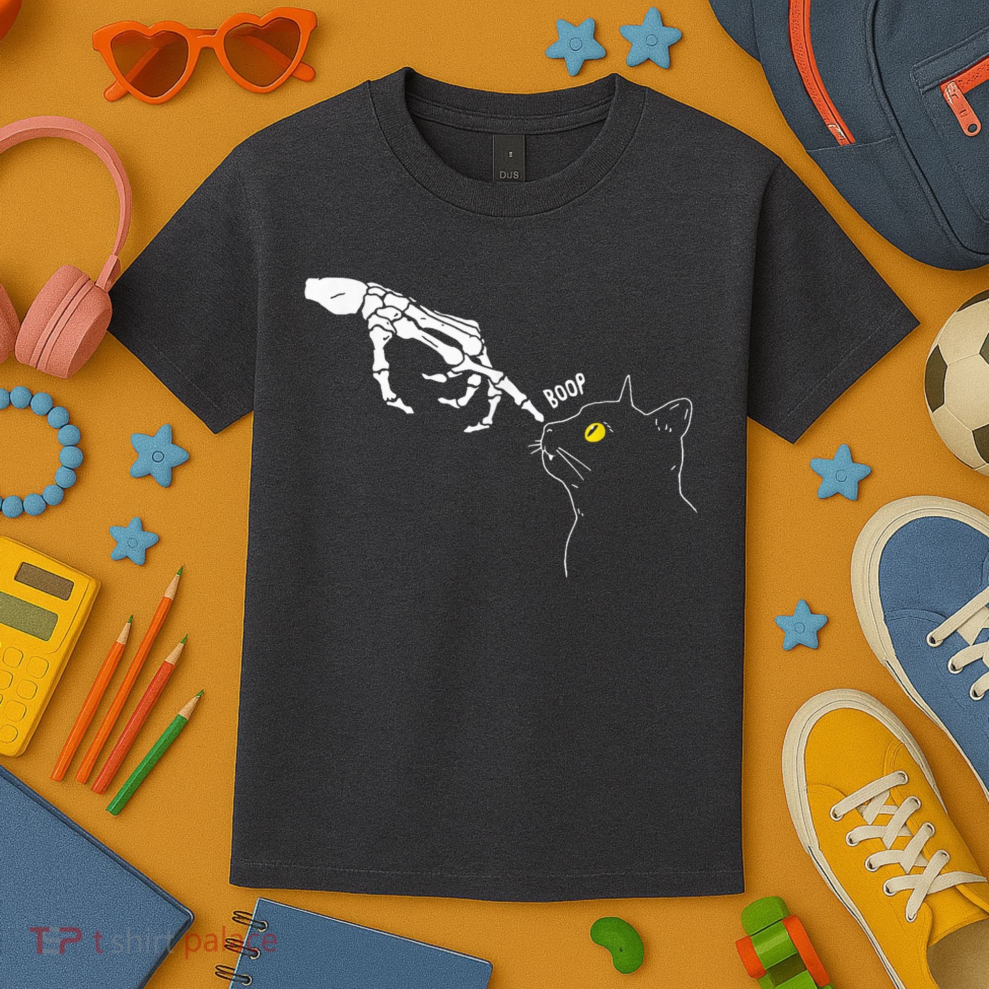 Spooky Boop Skeleton Hand Touch Nose Cat Halloween Costume Kids T-Shirt