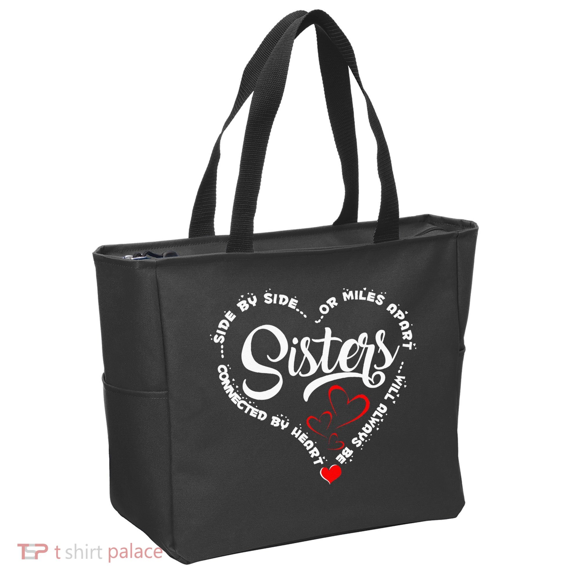 Side By Side Or Miles Apart Sisters Connected By Heart Tote Bag