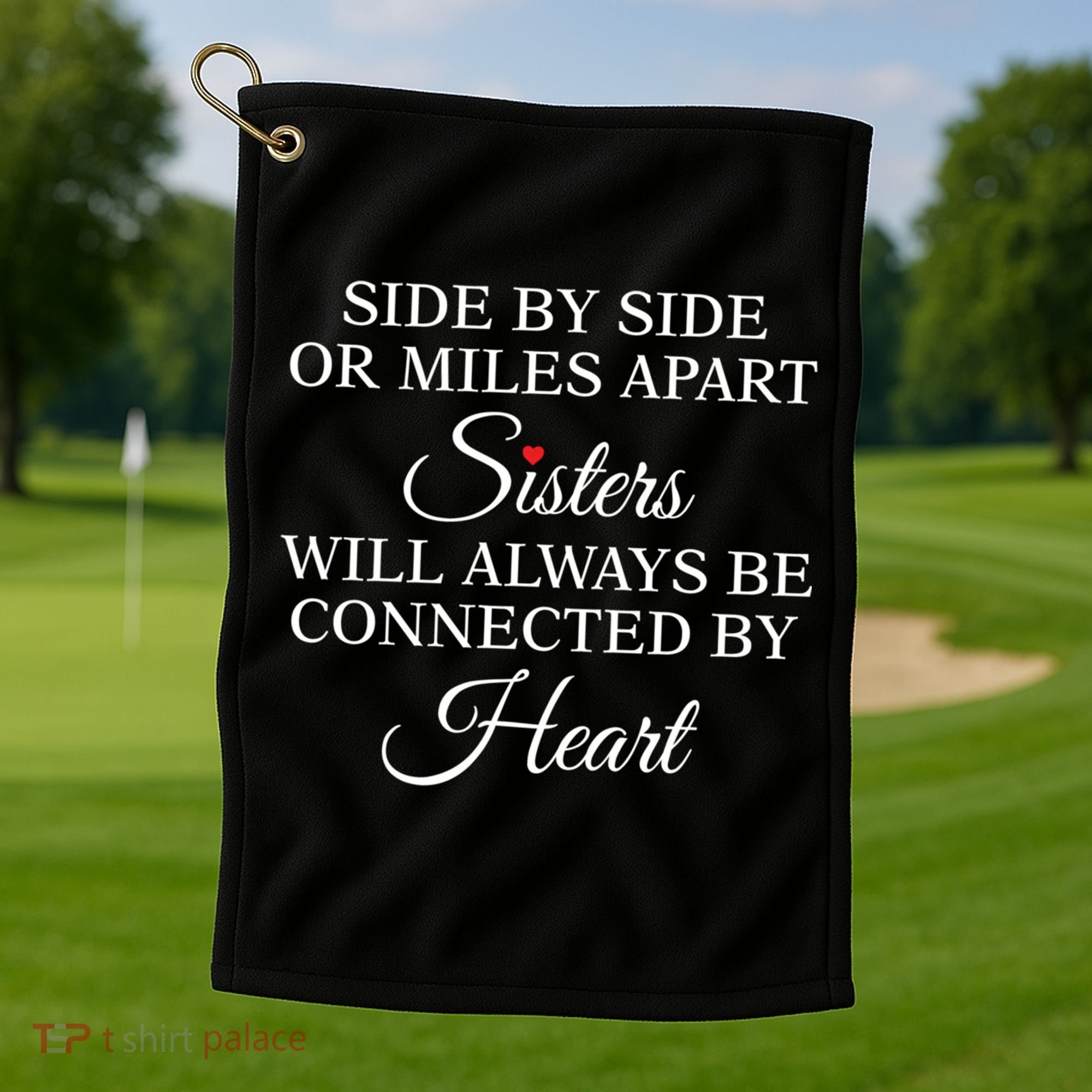 Side By Side Miles Apart Sisters Always Be Connected Heart Cool Gift Golf Towel