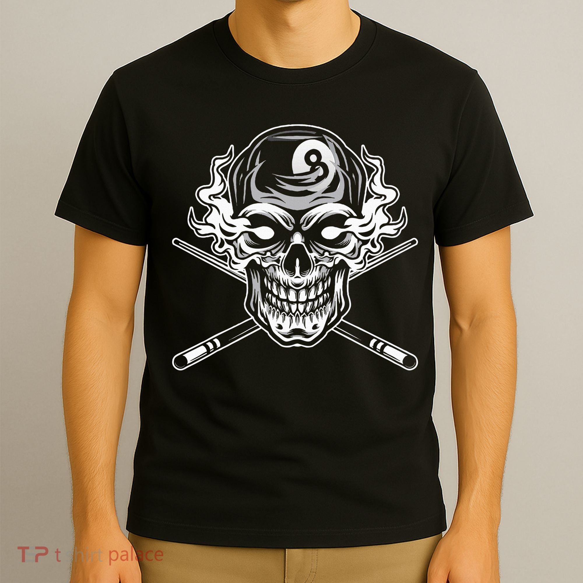 Skull Billiards Snooker Billiard 8 Ball Player Cue Sports T-Shirt