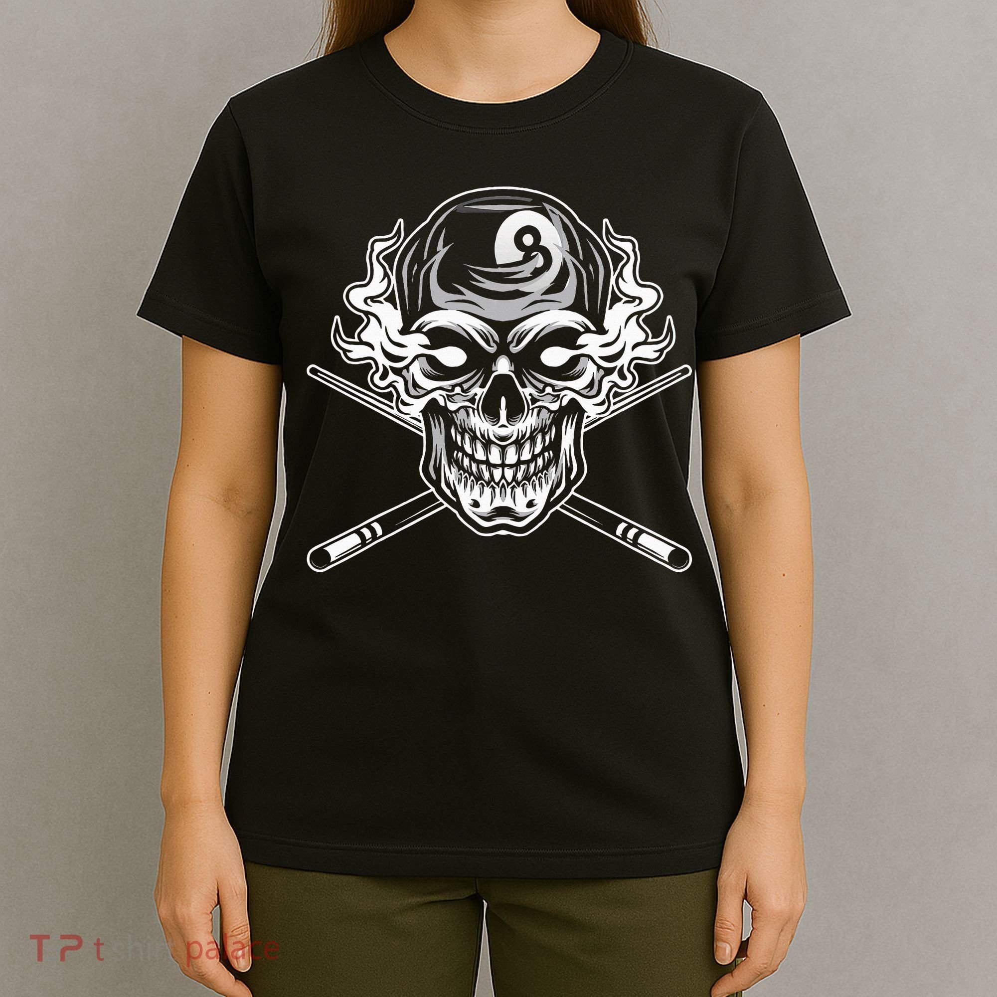 Skull Billiards Snooker Billiard 8 Ball Player Cue Sports T-Shirt
