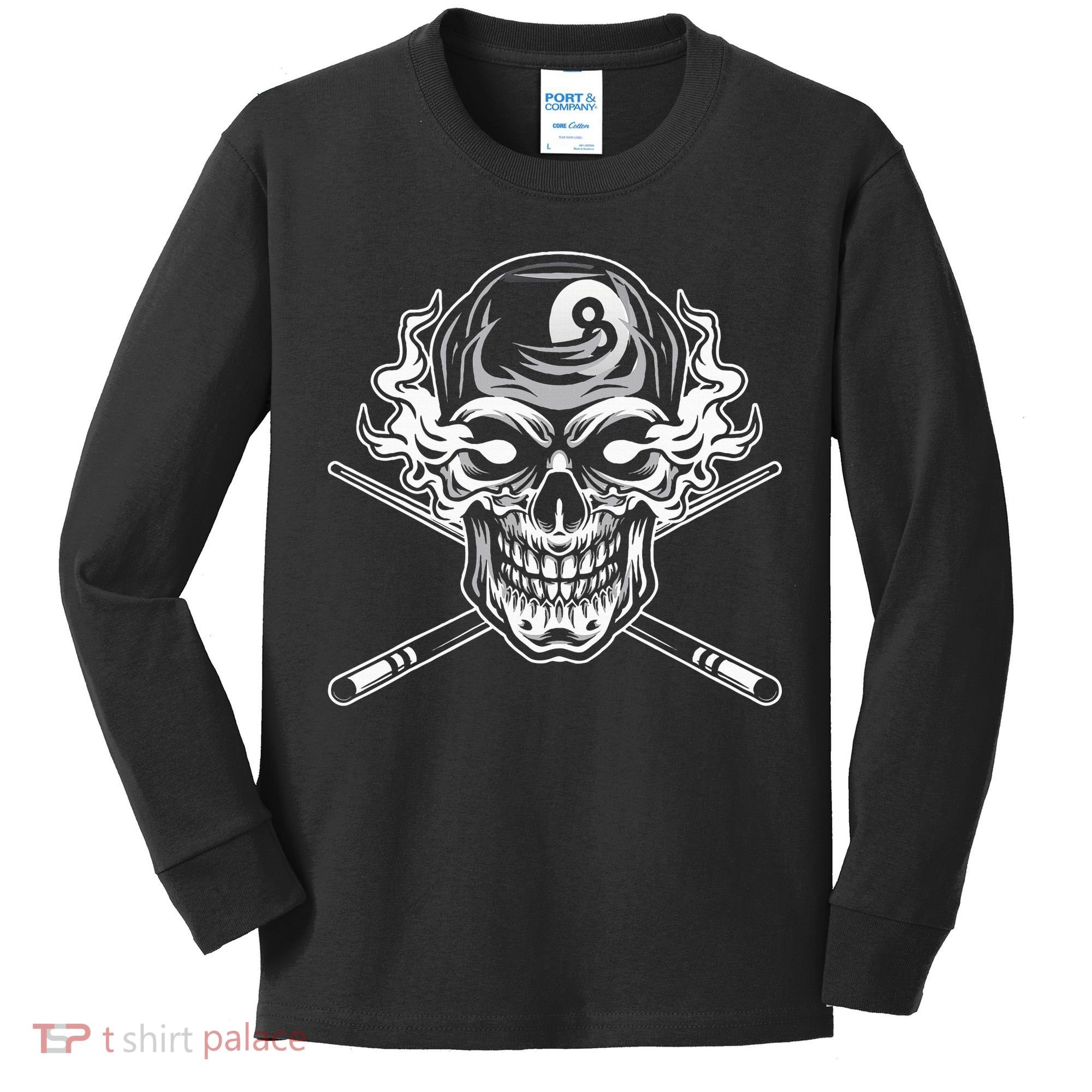 Skull Billiards Snooker Billiard 8 Ball Player Cue Sports Kids Long Sleeve Shirt
