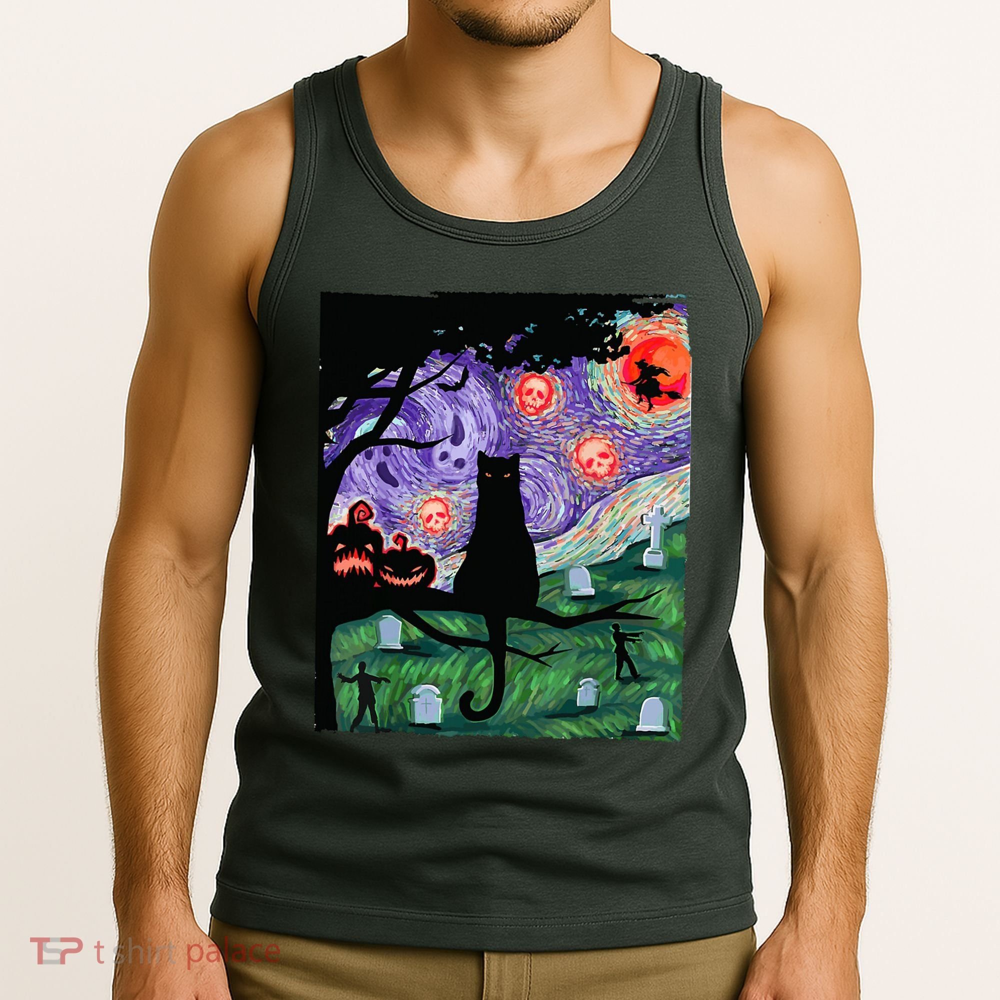 Spooky Cat Art Painting Halloween Tank Top