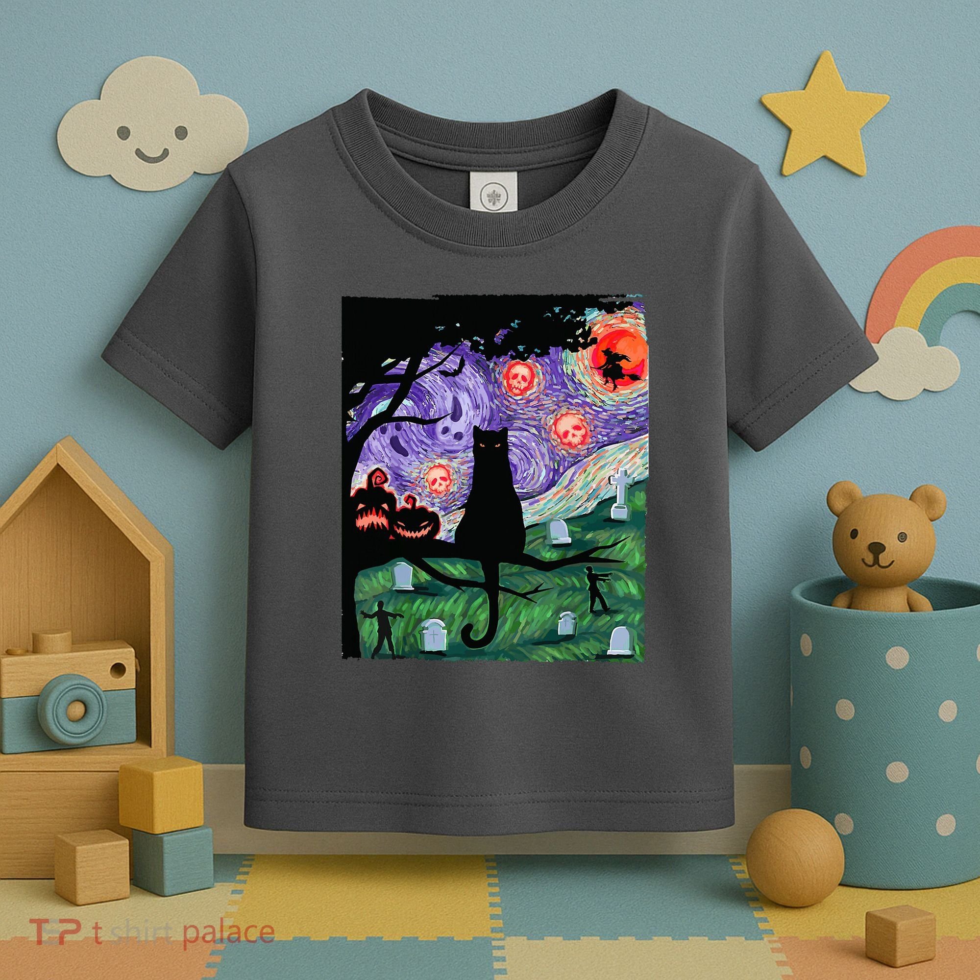 Spooky Cat Art Painting Halloween Toddler T-Shirt