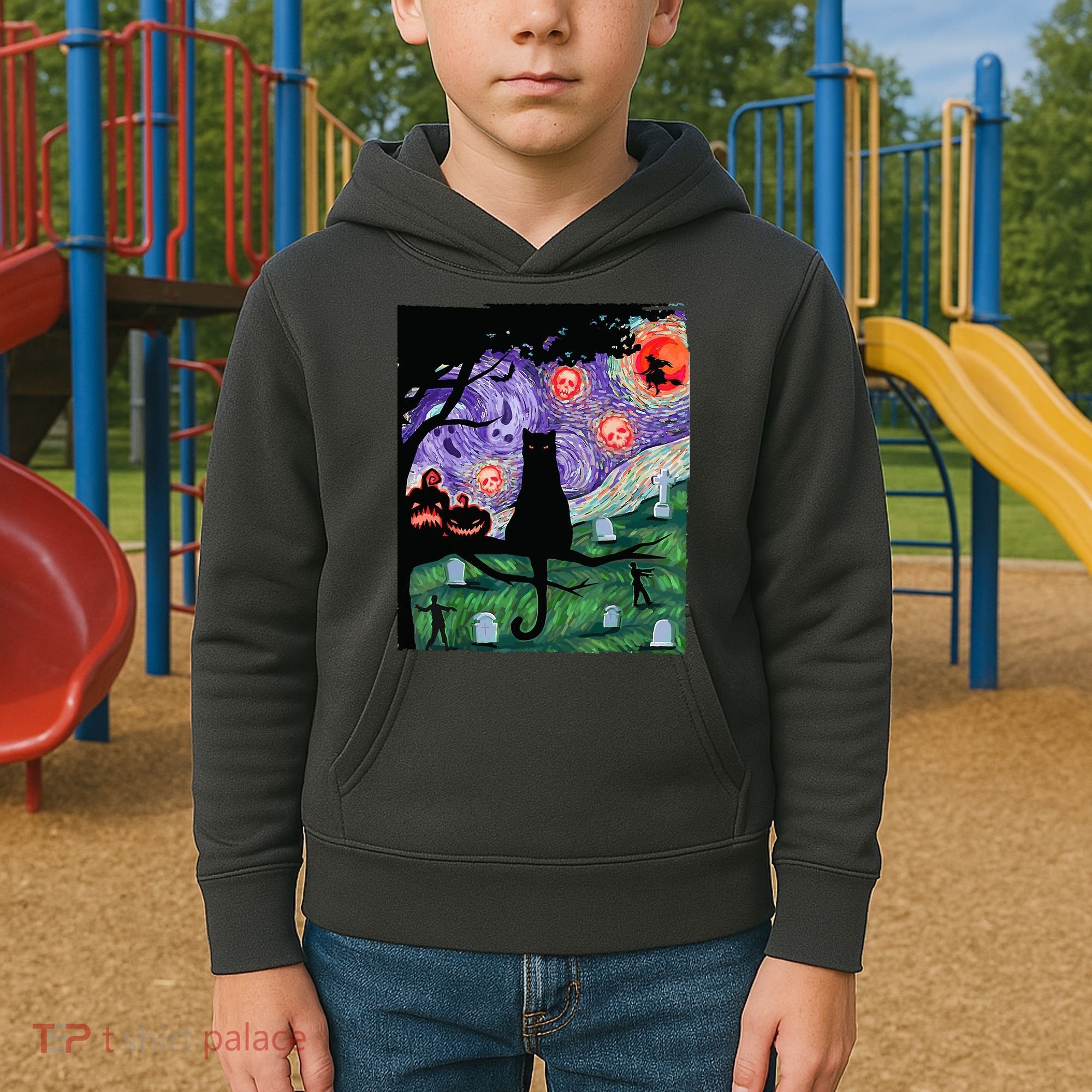 Spooky Cat Art Painting Halloween Kids Hoodie
