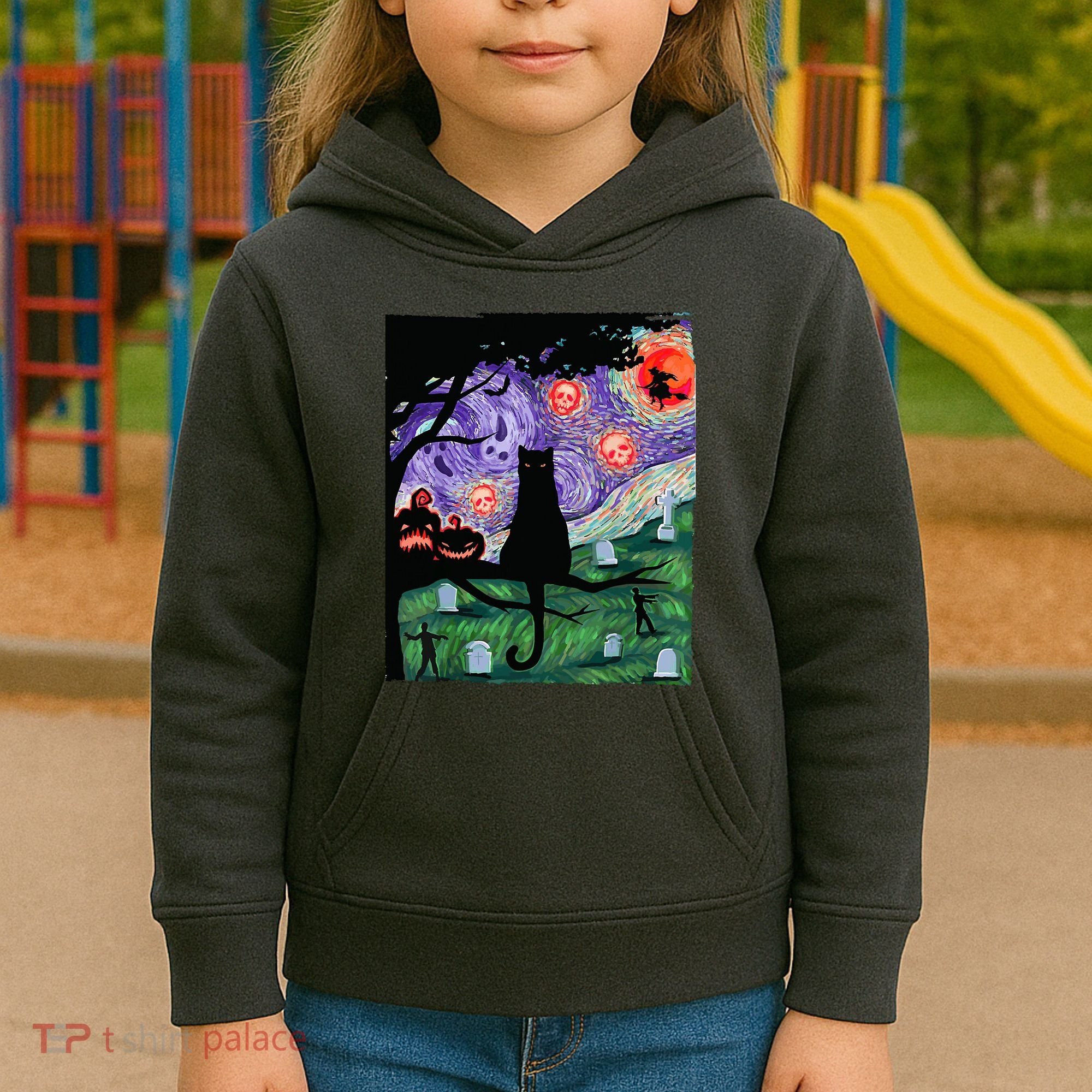 Spooky Cat Art Painting Halloween Kids Hoodie