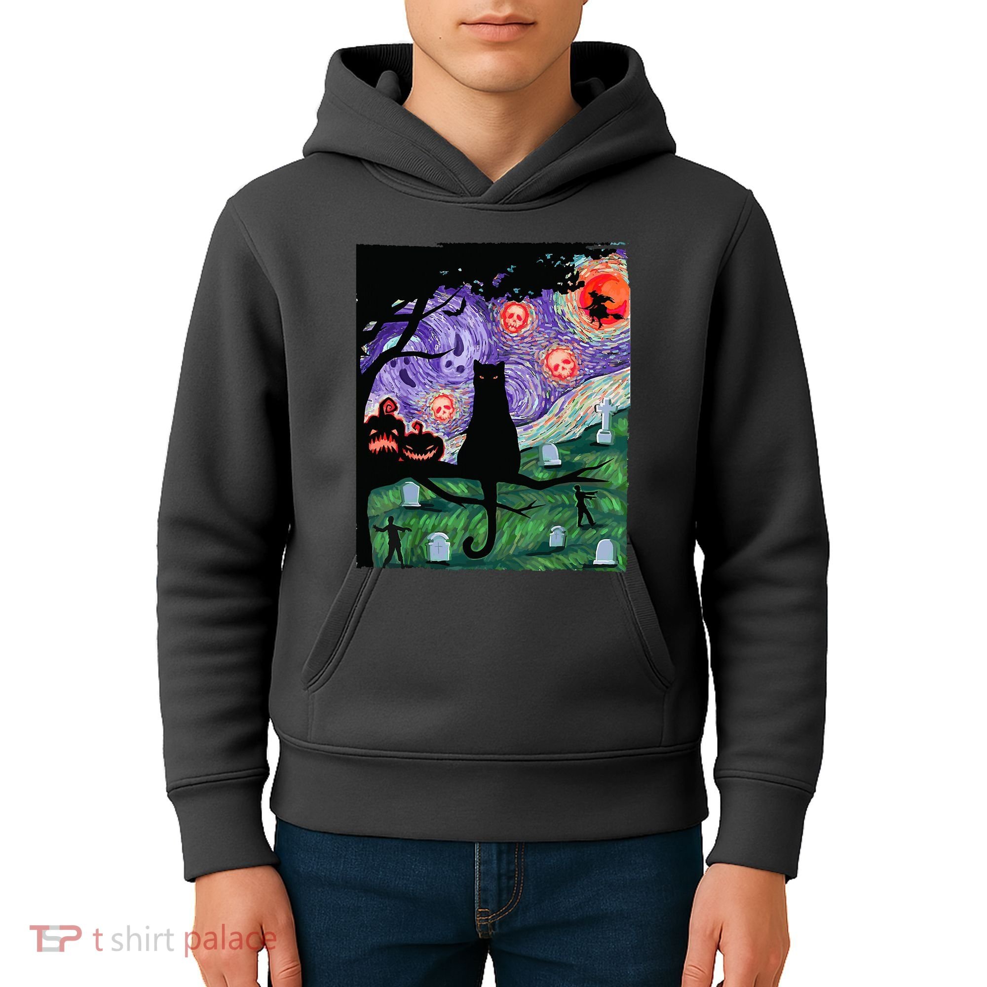 Spooky Cat Art Painting Halloween Kids Hoodie