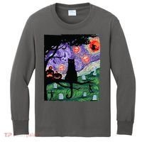 Spooky Cat Art Painting Halloween Kids Long Sleeve Shirt thumb 0