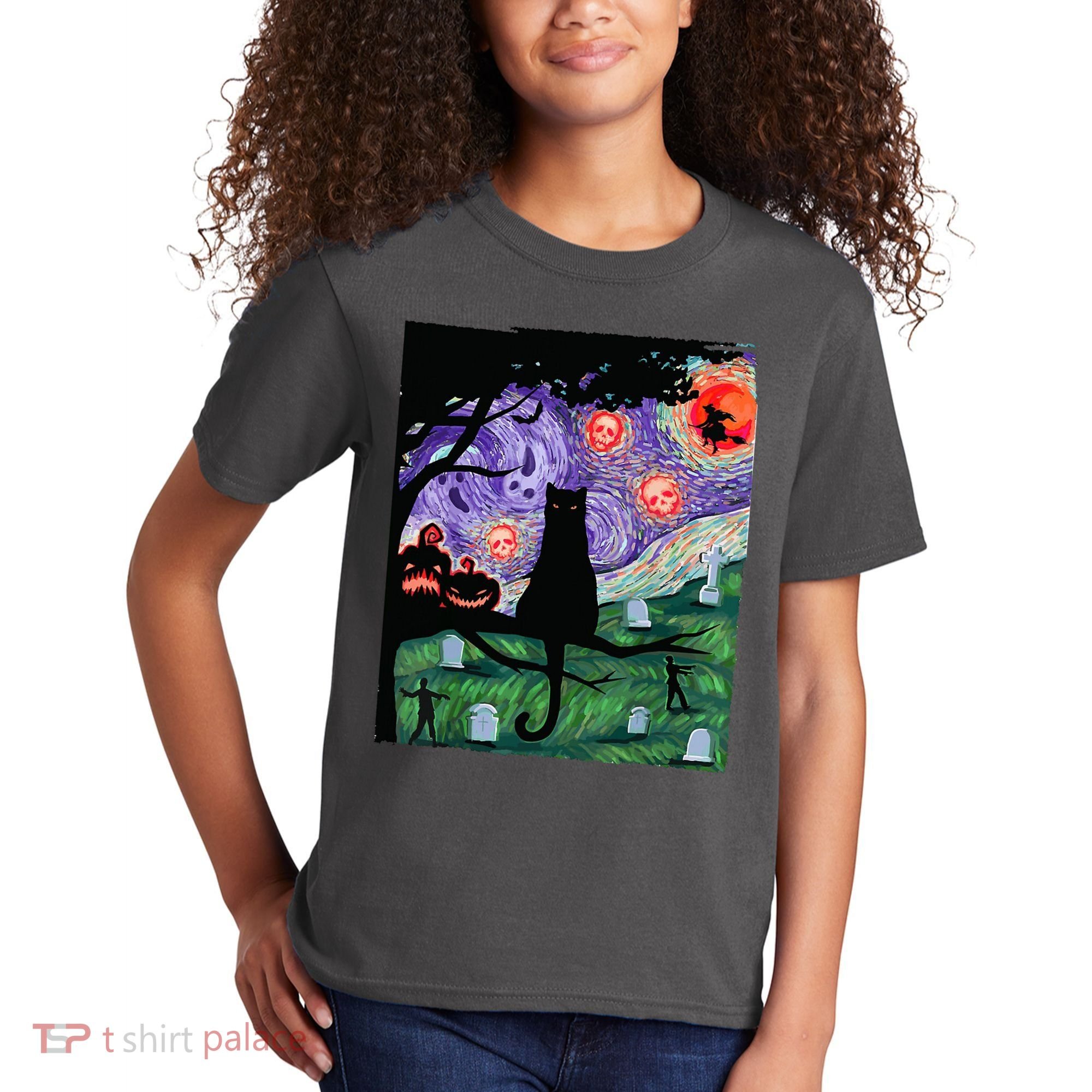 Spooky Cat Art Painting Halloween Kids T-Shirt