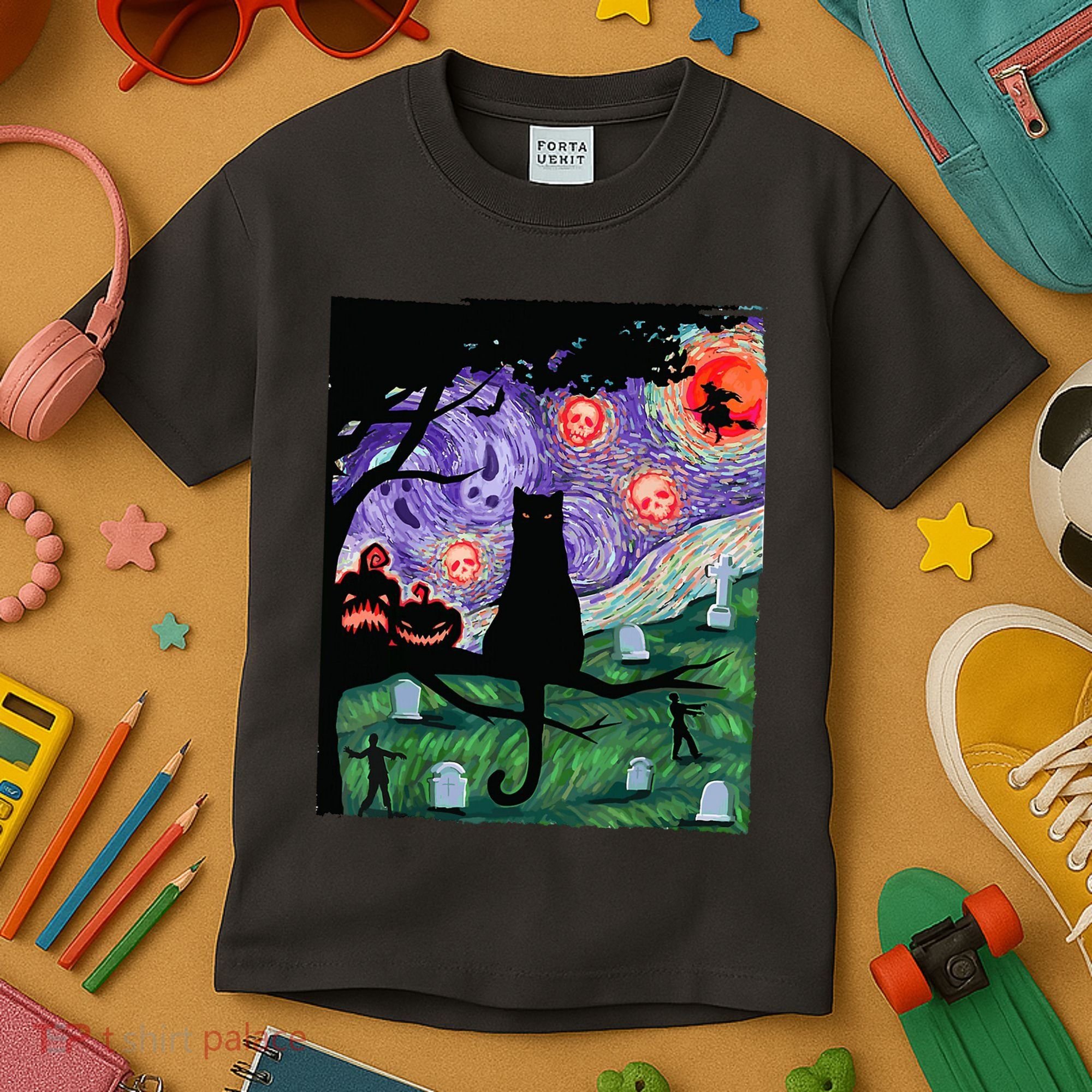 Spooky Cat Art Painting Halloween Kids T-Shirt