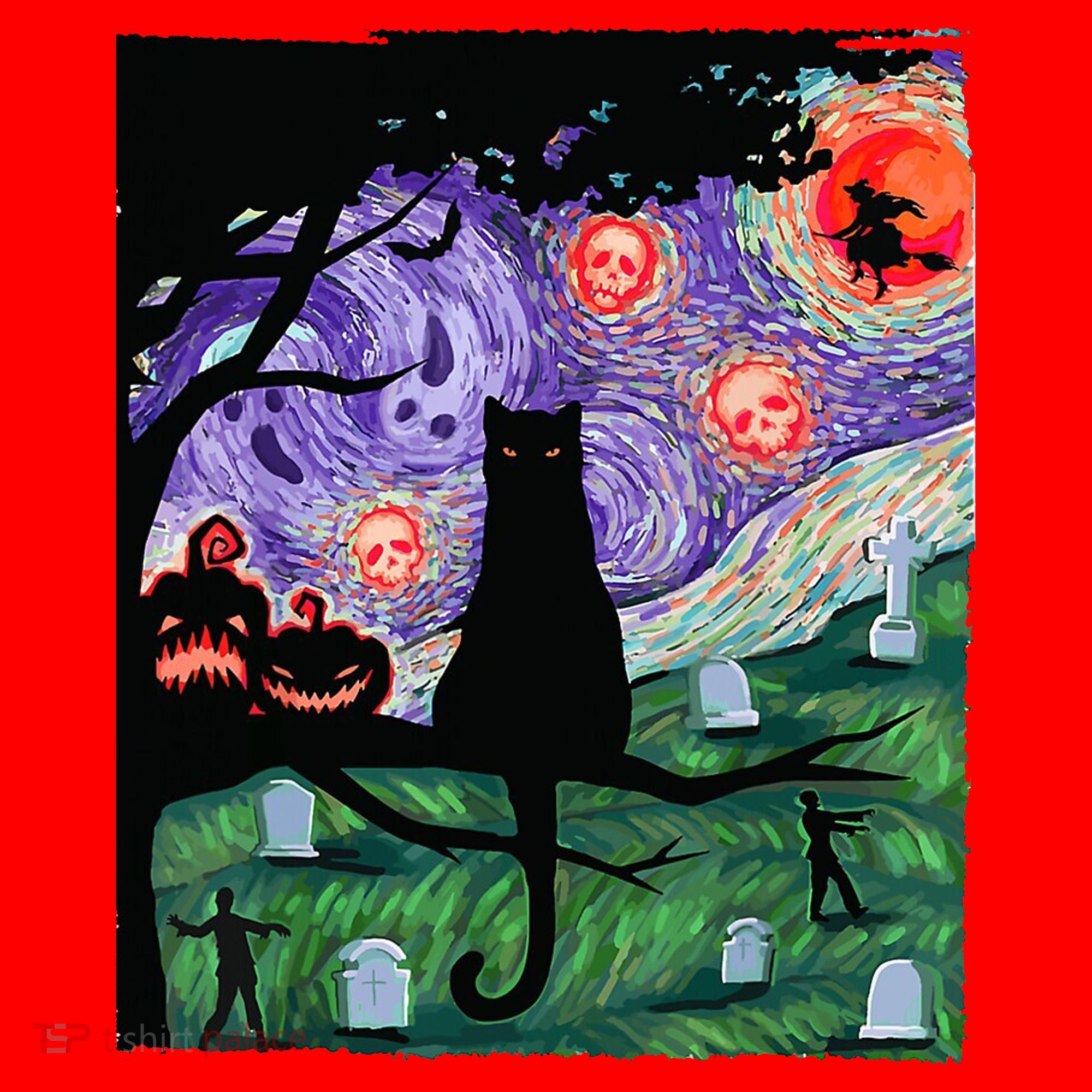 Spooky Cat Art Painting Halloween Santa Hat