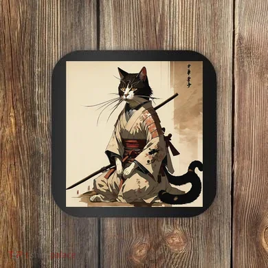 Samurai Cat Artwork Japanese Coaster