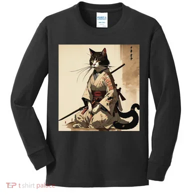 Samurai Cat Artwork Japanese Kids Long Sleeve Shirt