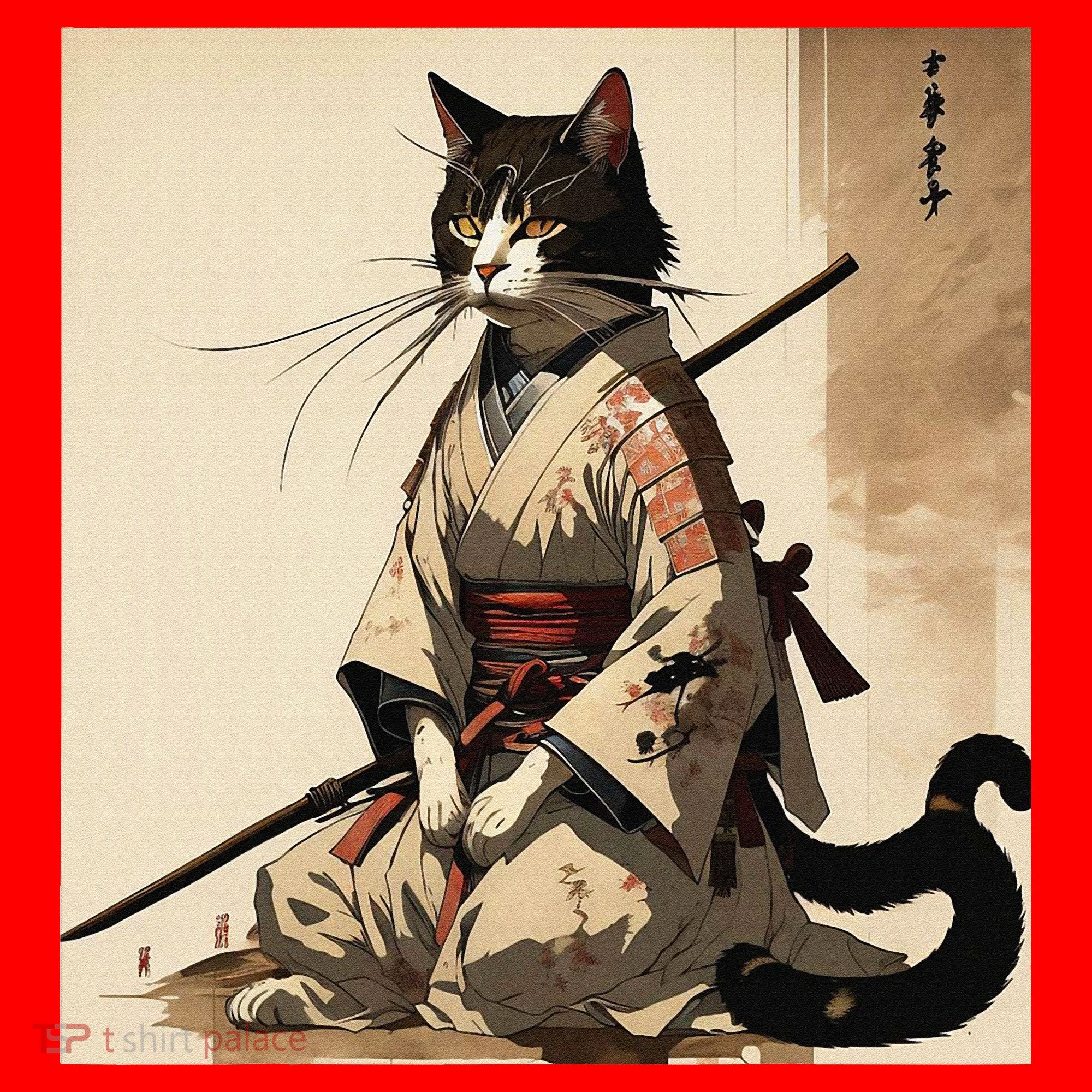 Samurai Cat Artwork Japanese Santa Hat