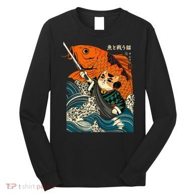 Samurai Cat And Koi Fish Anime Long Sleeve Shirt