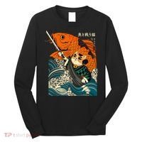 Samurai Cat And Koi Fish Anime Long Sleeve Shirt thumb 0