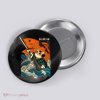 Samurai Cat And Koi Fish Anime Button