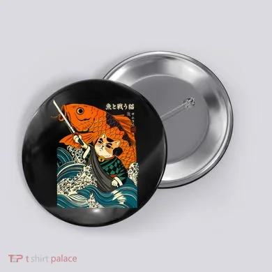 Samurai Cat And Koi Fish Anime Button