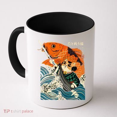 Samurai Cat And Koi Fish Anime Coffee Mug