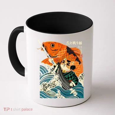 Samurai Cat And Koi Fish Anime Coffee Mug