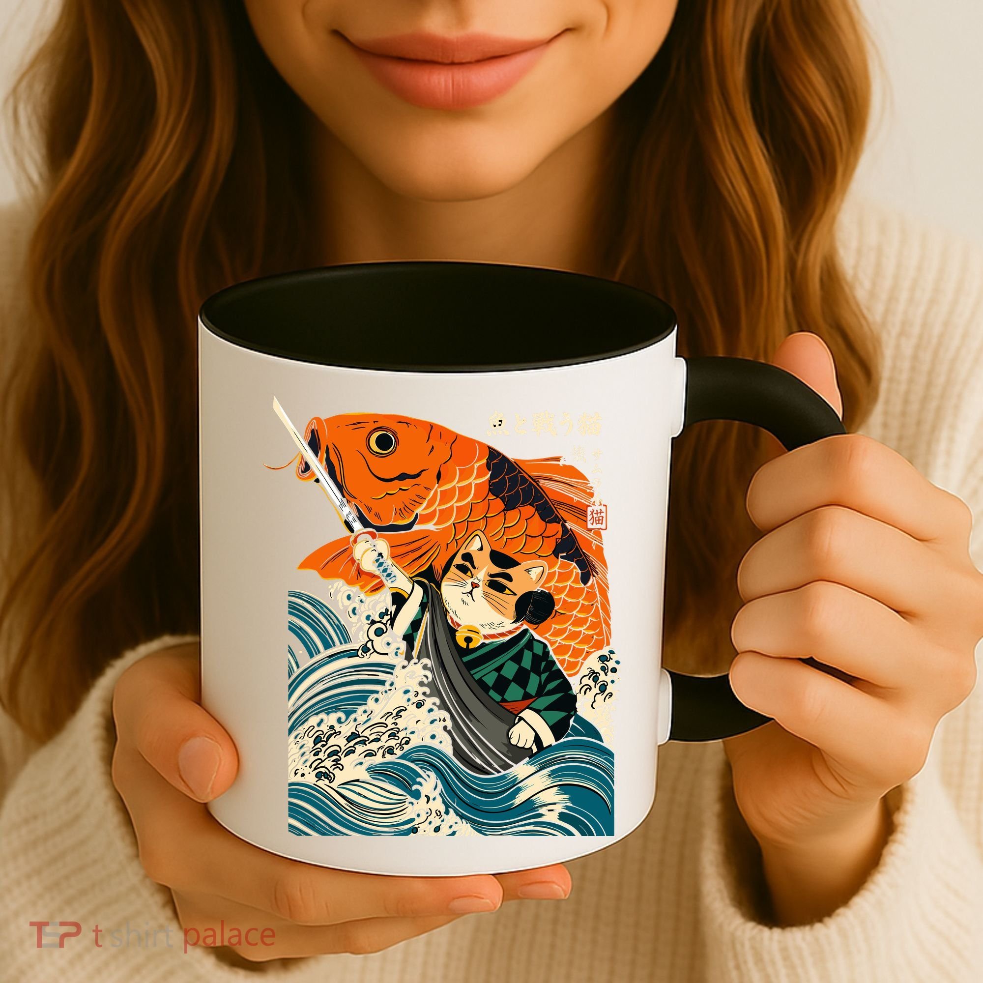 Samurai Cat And Koi Fish Anime Coffee Mug