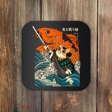 Samurai Cat And Koi Fish Anime Coaster