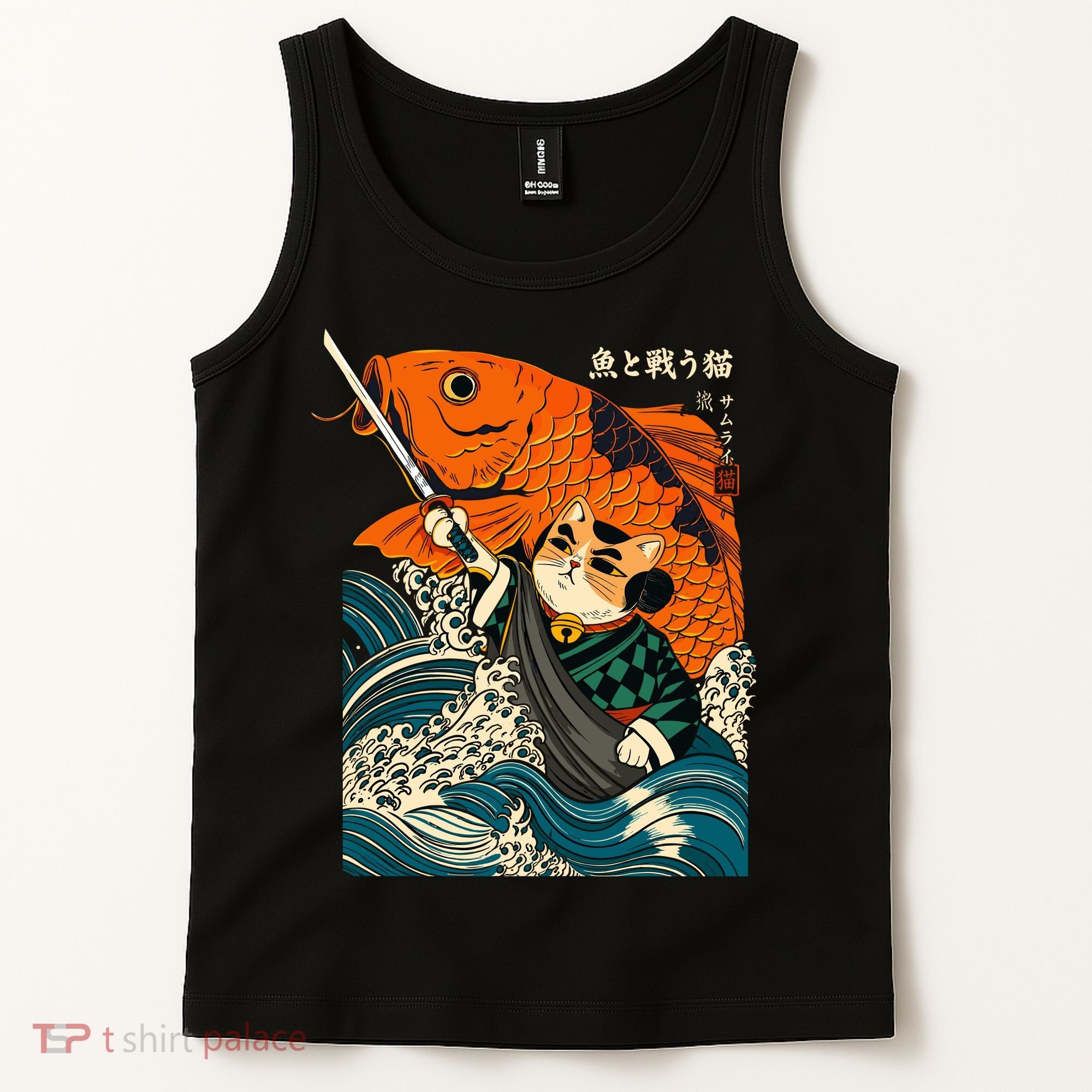 Samurai Cat And Koi Fish Anime Tank Top