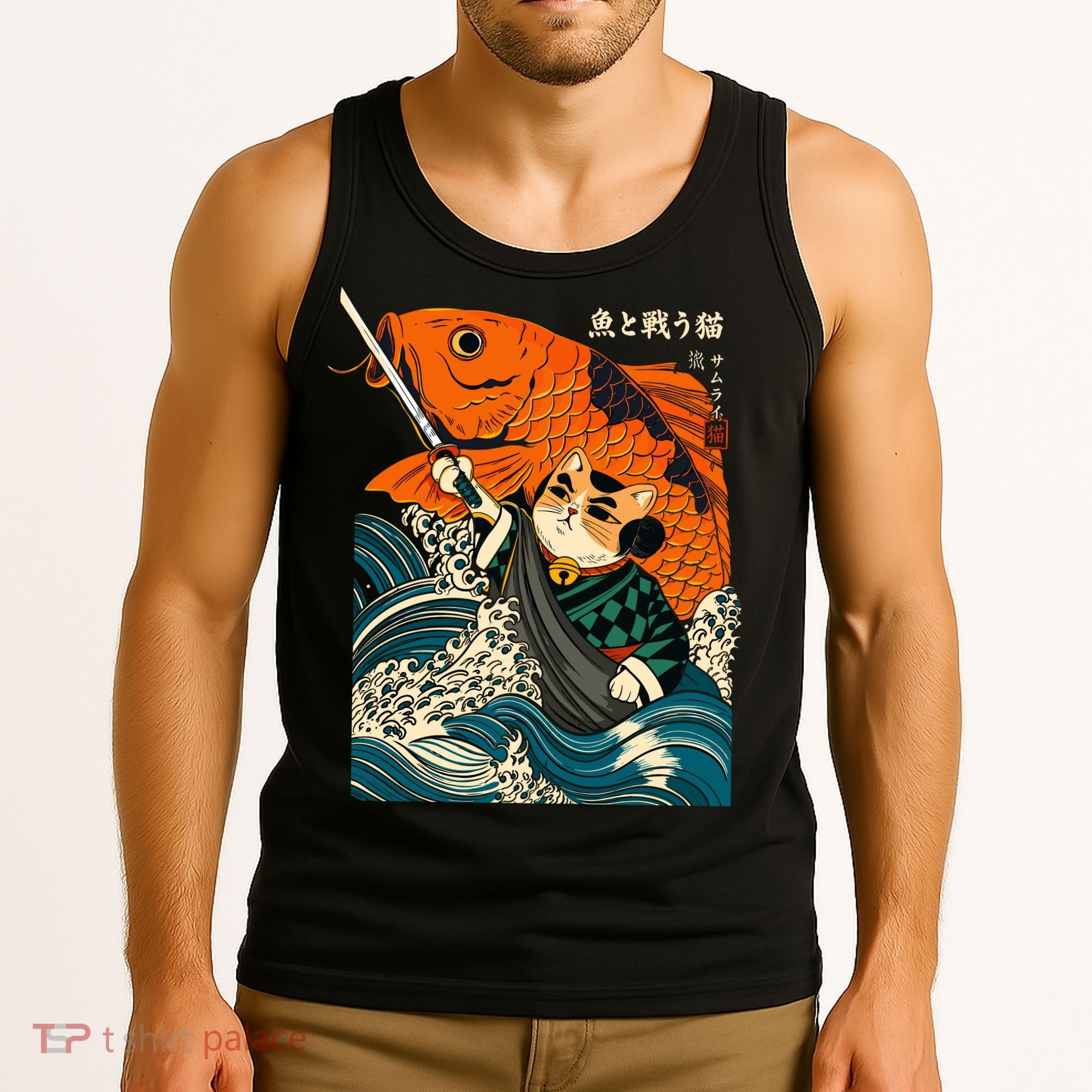 Samurai Cat And Koi Fish Anime Tank Top
