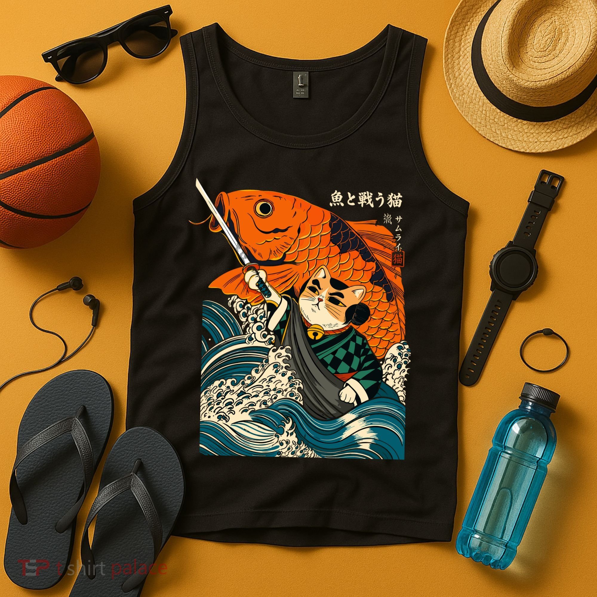 Samurai Cat And Koi Fish Anime Tank Top
