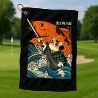 Samurai Cat And Koi Fish Anime Golf Towel thumb 1