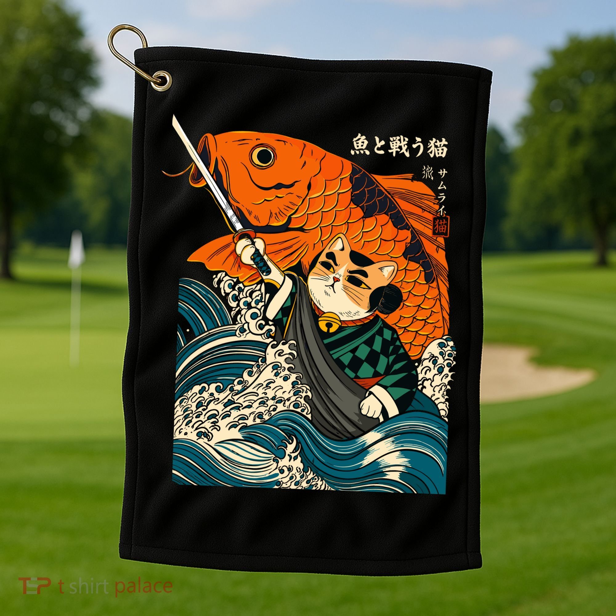Samurai Cat And Koi Fish Anime Golf Towel