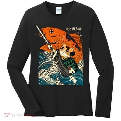 Samurai Cat And Koi Fish Anime Women's Long Sleeve Shirt