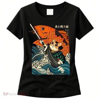 Samurai Cat And Koi Fish Anime Women's T-Shirt