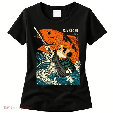 Samurai Cat And Koi Fish Anime Women's T-Shirt