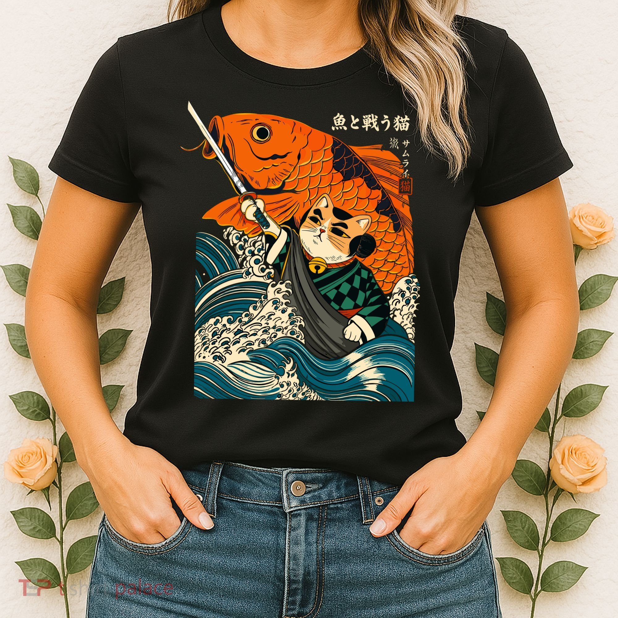 Samurai Cat And Koi Fish Anime Women's T-Shirt