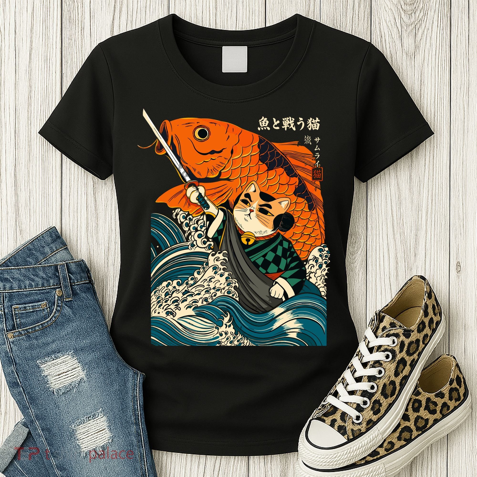 Samurai Cat And Koi Fish Anime Women's T-Shirt