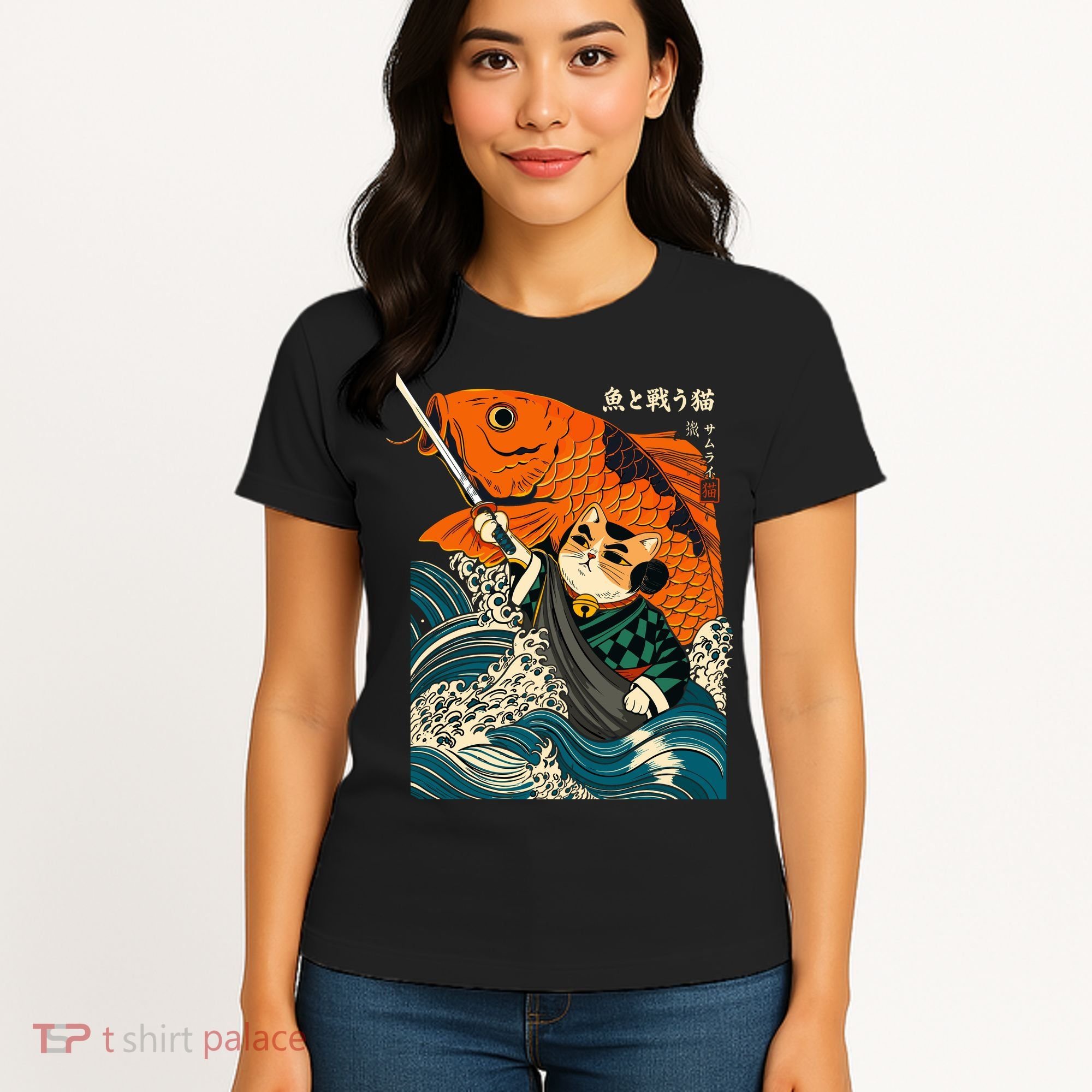 Samurai Cat And Koi Fish Anime Women's T-Shirt
