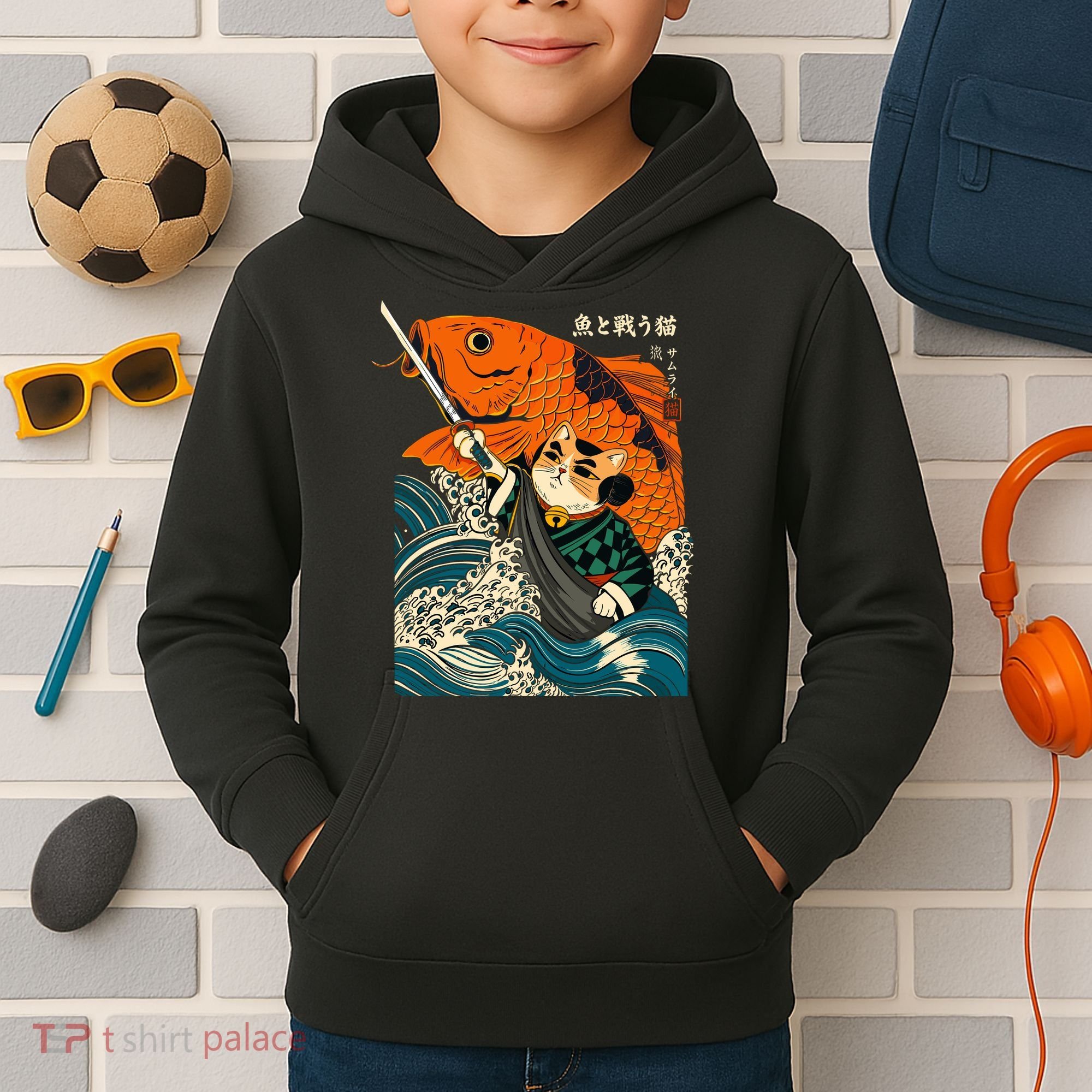 Samurai Cat And Koi Fish Anime Kids Hoodie