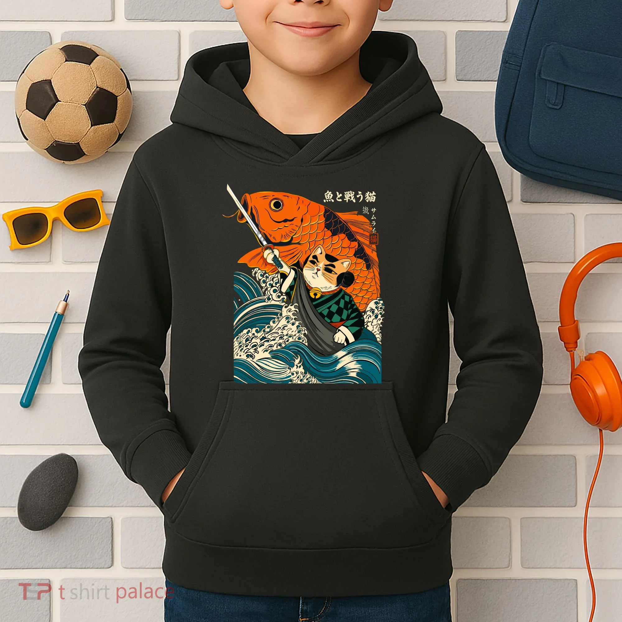 Samurai Cat And Koi Fish Anime Kids Hoodie