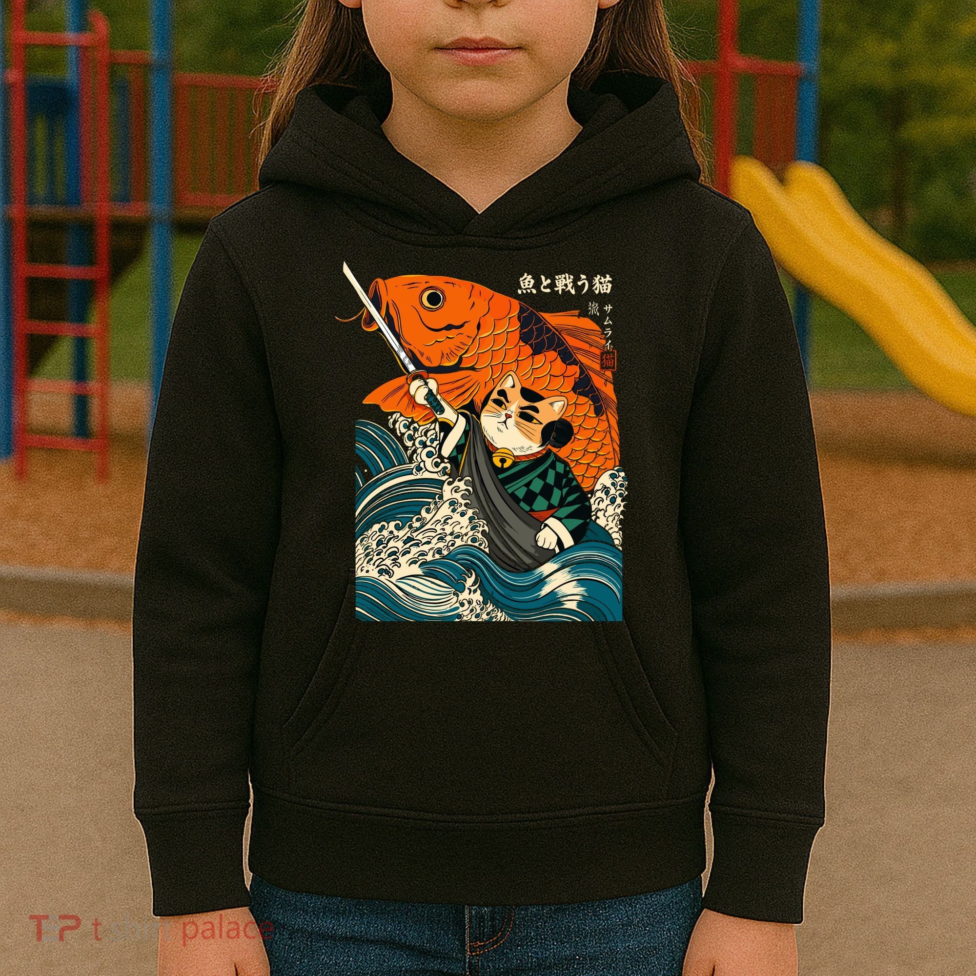 Samurai Cat And Koi Fish Anime Kids Hoodie