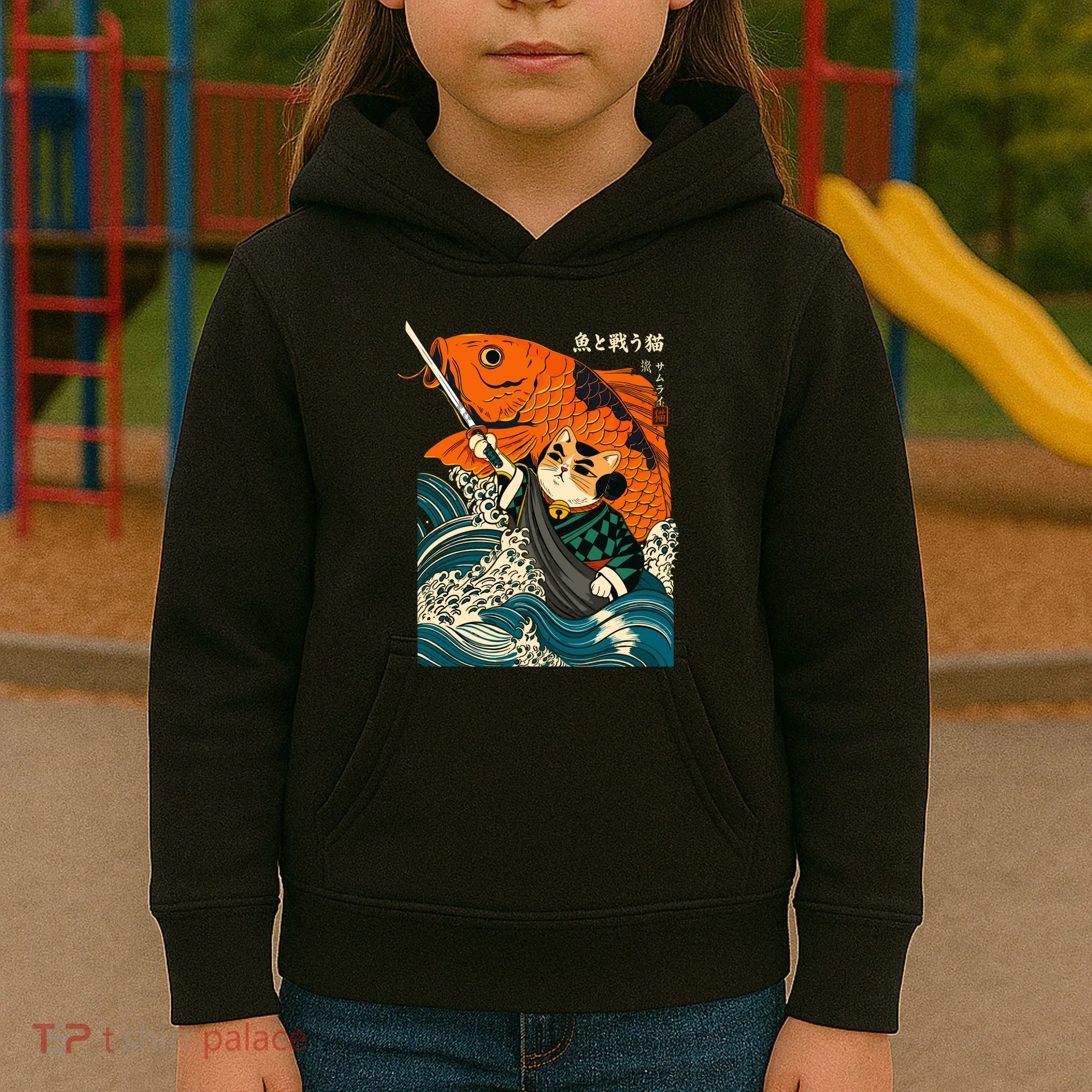 Samurai Cat And Koi Fish Anime Kids Hoodie