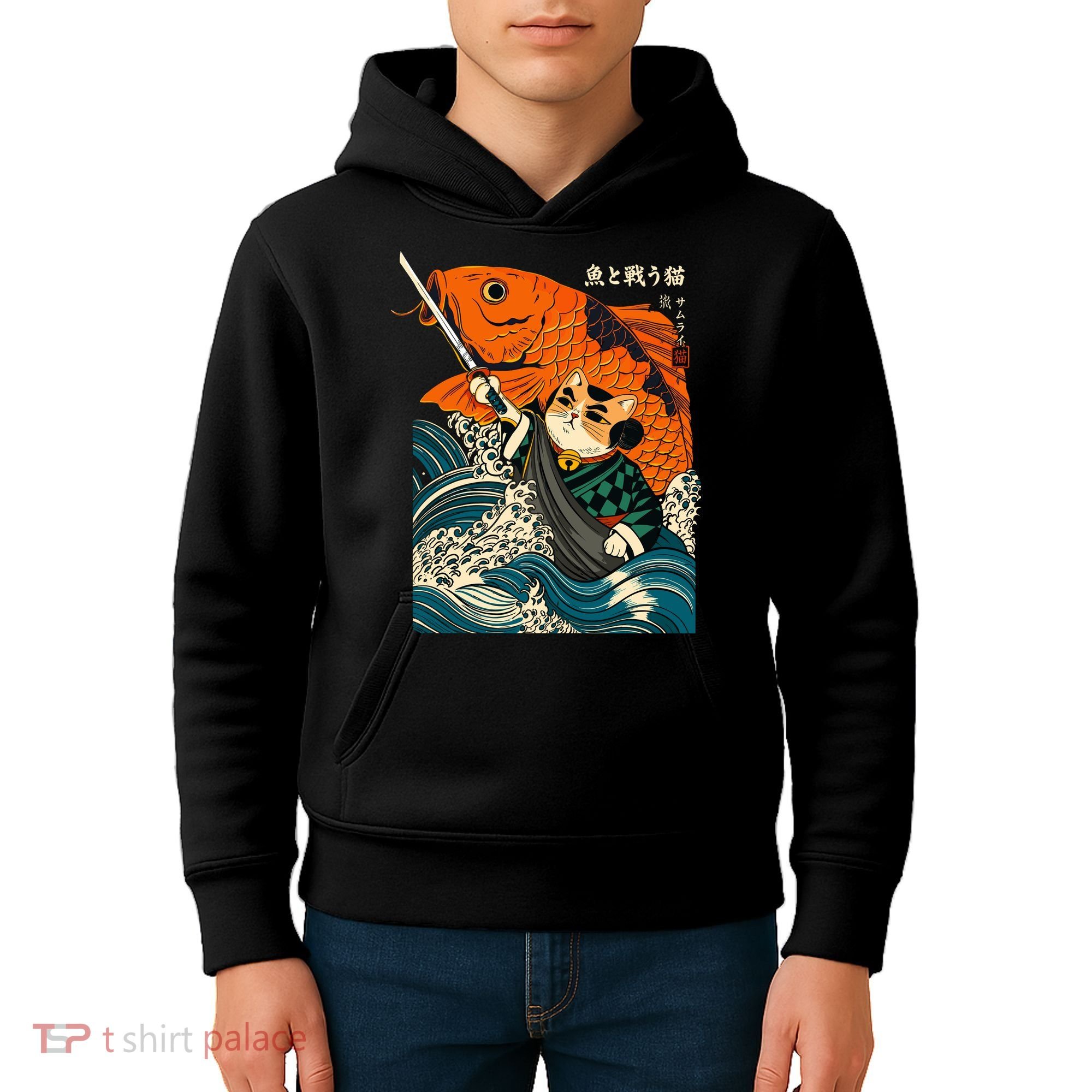 Samurai Cat And Koi Fish Anime Kids Hoodie