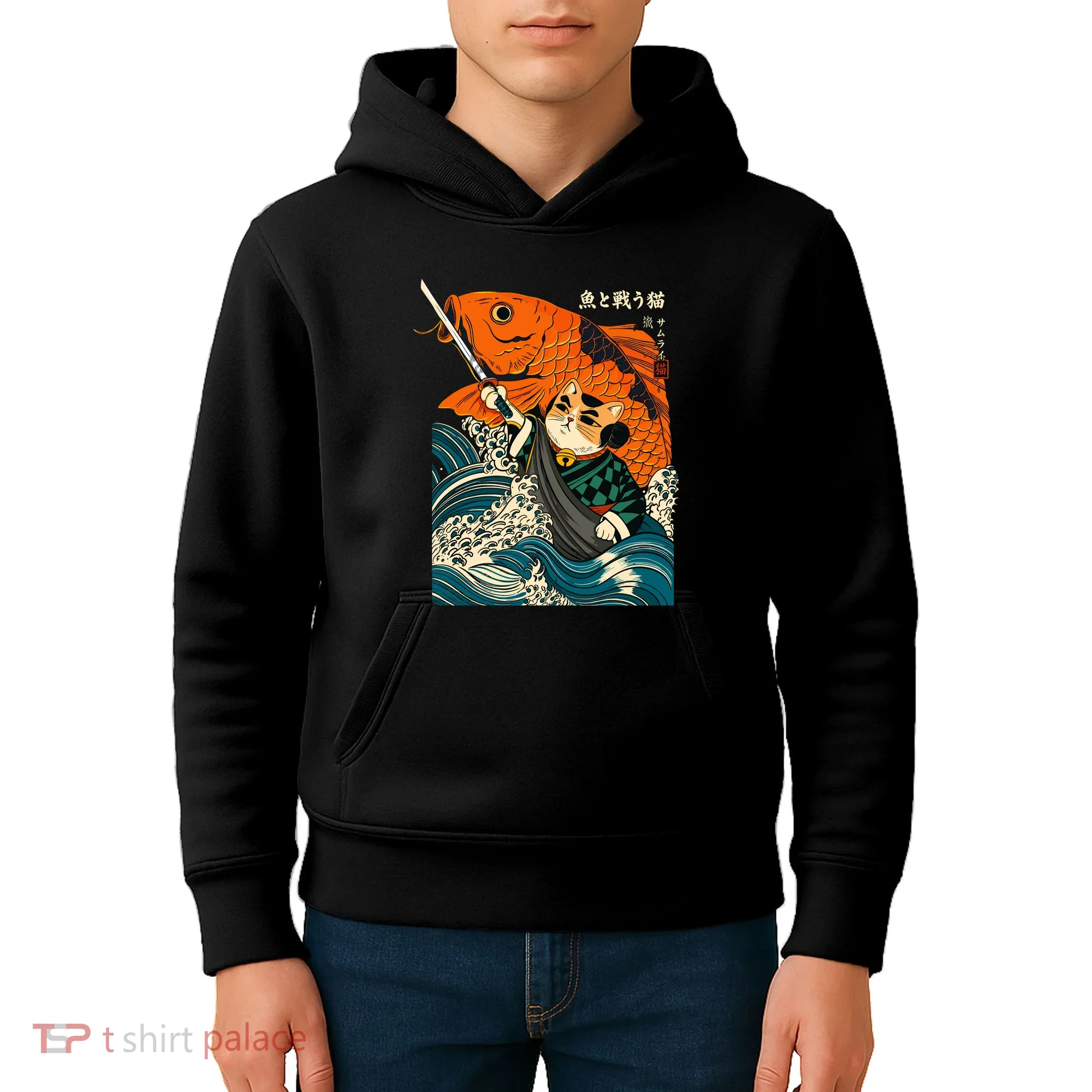 Samurai Cat And Koi Fish Anime Kids Hoodie