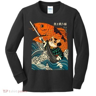 Samurai Cat And Koi Fish Anime Kids Long Sleeve Shirt