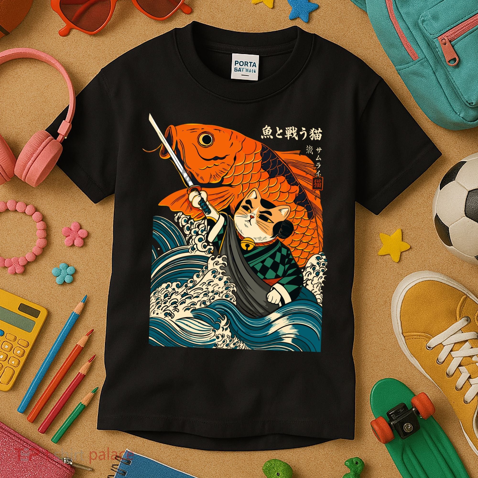 Samurai Cat And Koi Fish Anime Kids T-Shirt