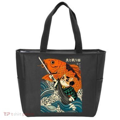 Samurai Cat And Koi Fish Anime Tote Bag