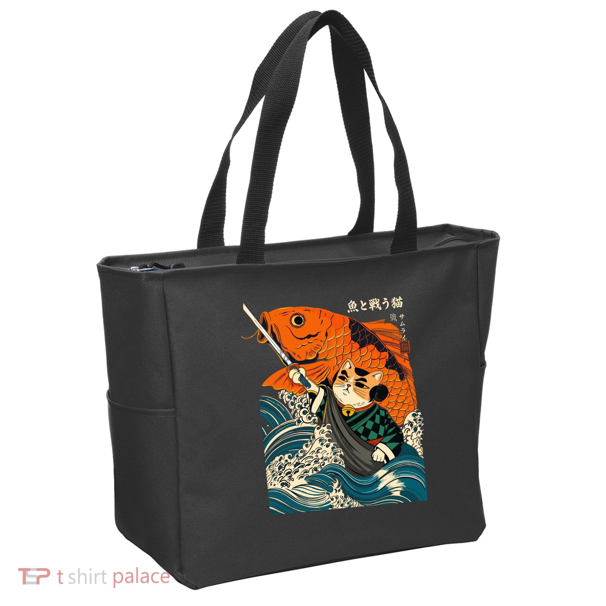Samurai Cat And Koi Fish Anime Tote Bag