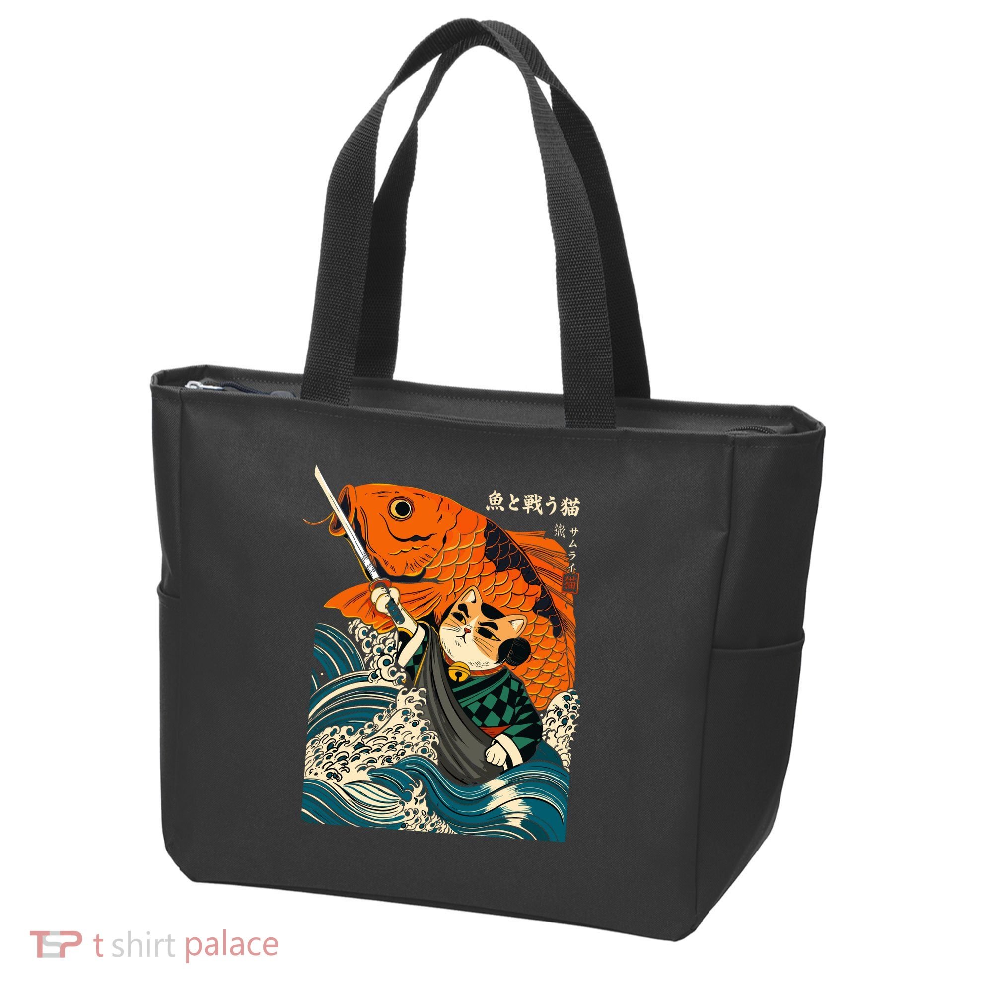 Samurai Cat And Koi Fish Anime Tote Bag