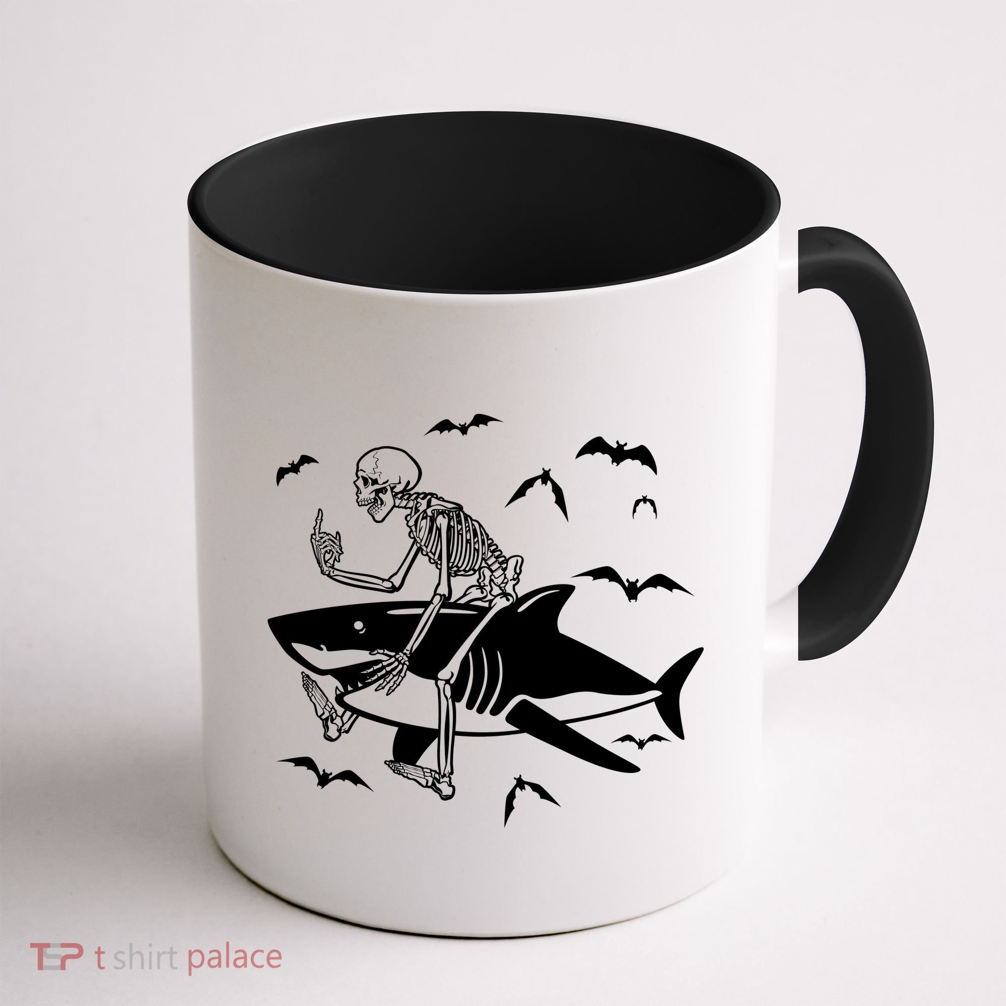 Scary Skeleton Riding Shark Coffee Mug